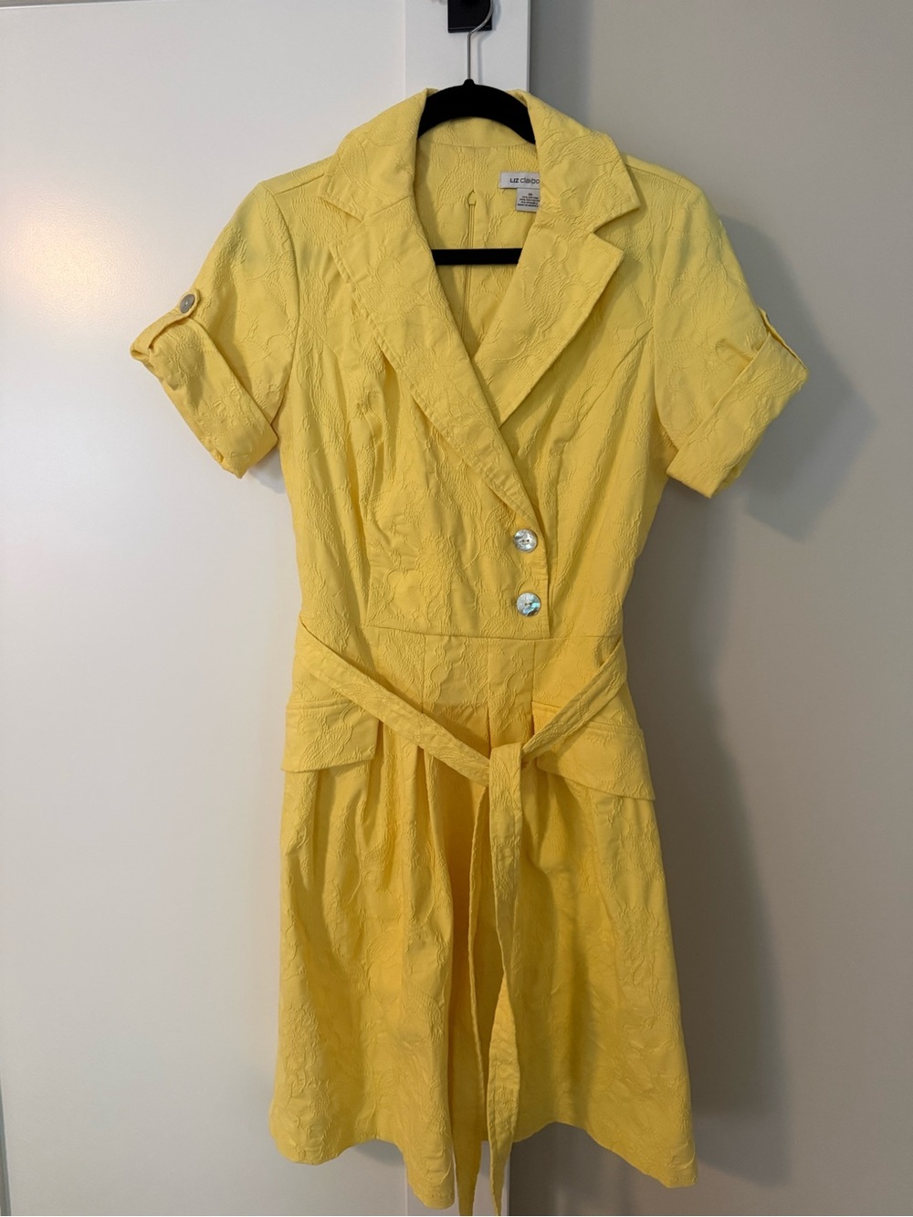 Liz Claiborne Yellow Short-Sleeve Shirtwaist Midi Dress with Tie